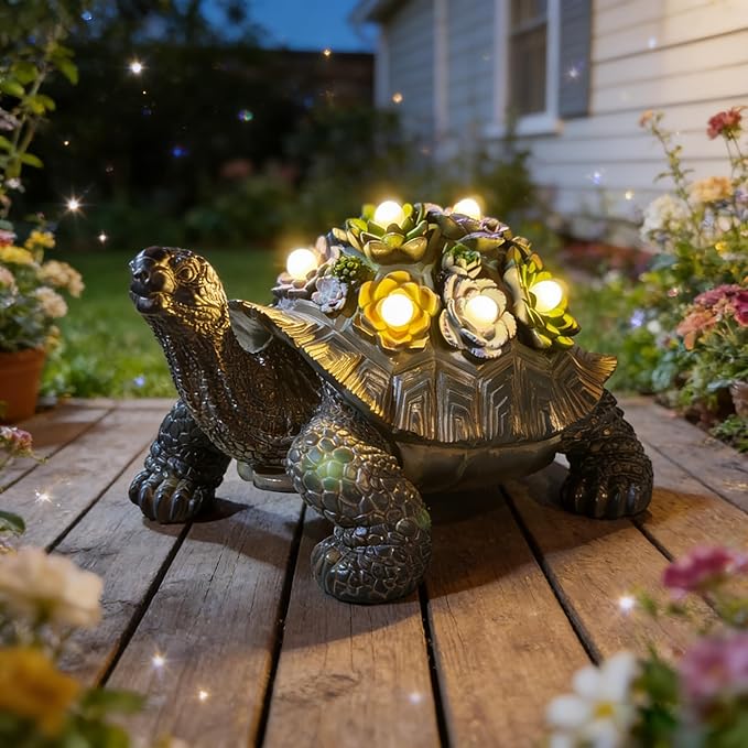 Solar Powered Succulent Turtle Statue, Resin Garden Decor with LED Lights, Waterproof Outdoor Ornament for Patio, Yard, Lawn, Porch, Unique Housewarming Gifts