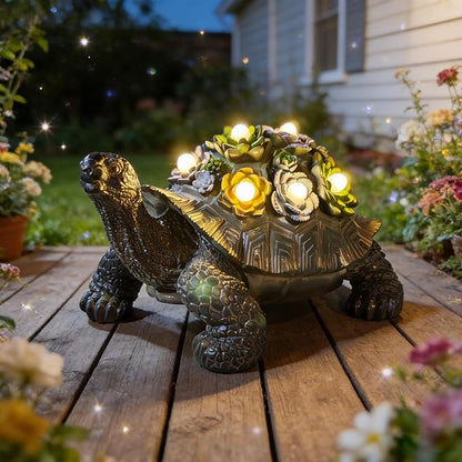 Solar Powered Succulent Turtle Statue, Resin Garden Decor with LED Lights, Waterproof Outdoor Ornament for Patio, Yard, Lawn, Porch, Unique Housewarming Gifts