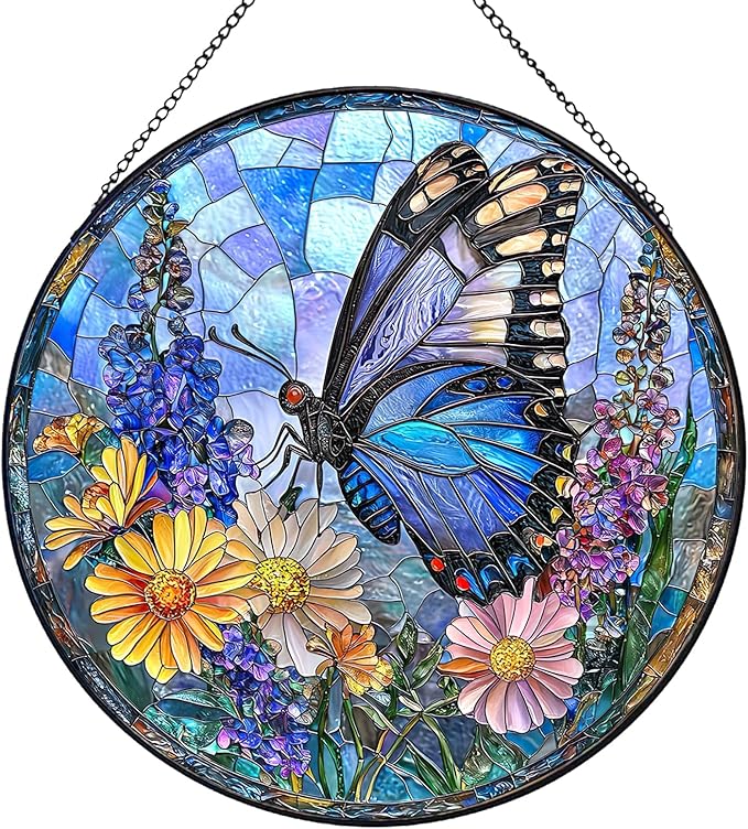 7.87" Sun Catchers Indoor Window,Butterfly Stained Glass Window Hanging, Window Suncatcher Hanging Ornaments Wall Art, Hand-Painted Glass Panel Home Decor (Style R)
