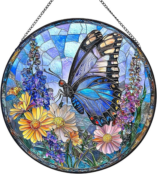 7.87" Sun Catchers Indoor Window,Butterfly Stained Glass Window Hanging, Window Suncatcher Hanging Ornaments Wall Art, Hand-Painted Glass Panel Home Decor (Style R)