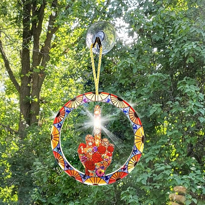 Middle Finger Suncatcher Color Stained Glass Window Hanging, Handmade Acrylic Funny Light Sun Catcher Indoor Outdoor Wall Hanger Ornament, Hand-Painted Glass Panel Decor for Home Office (E)