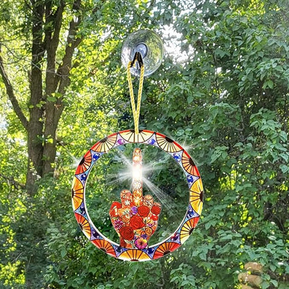 Middle Finger Suncatcher Color Stained Glass Window Hanging, Handmade Acrylic Funny Light Sun Catcher Indoor Outdoor Wall Hanger Ornament, Hand-Painted Glass Panel Decor for Home Office (E)