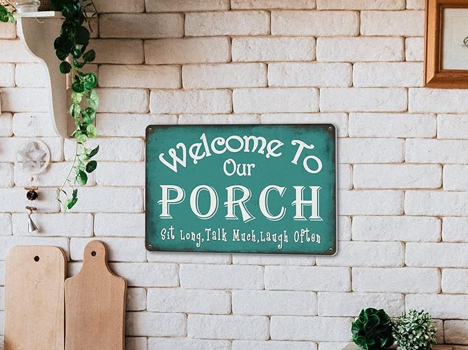 Welcome to Our Porch Sign Backyard Accessories Decor Outdoor, Vintage Metal Tin Signs Farmhouse Home Wall Decorations 8x12 Inches