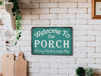 Welcome to Our Porch Sign Backyard Accessories Decor Outdoor, Vintage Metal Tin Signs Farmhouse Home Wall Decorations 8x12 Inches