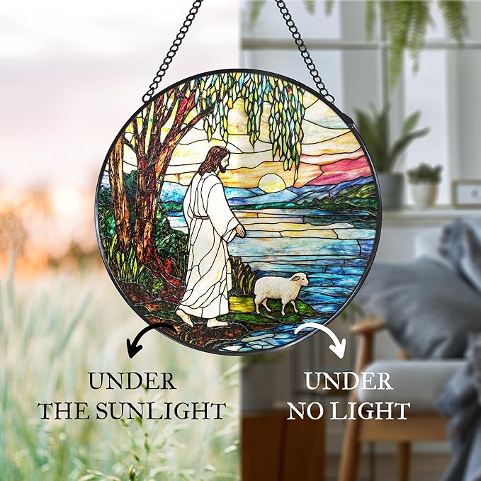 Jesus and Lamb Stained Glass Window Hanging Suncatcher, Christian Willow Tree Sun Catcher Indoor Window Decor, Religious Painted Glass Round Wall Hanging Decorations, 7.8x7.8 in
