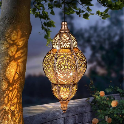 Hanging Solar Lantern Outdoor Decor, Moroccan Solar Lights for Outside Garden Decorations, Waterproof Solar Lanterns Garden Gifts for Mom, Women, Patio, Yard Ornament (Copper2P)