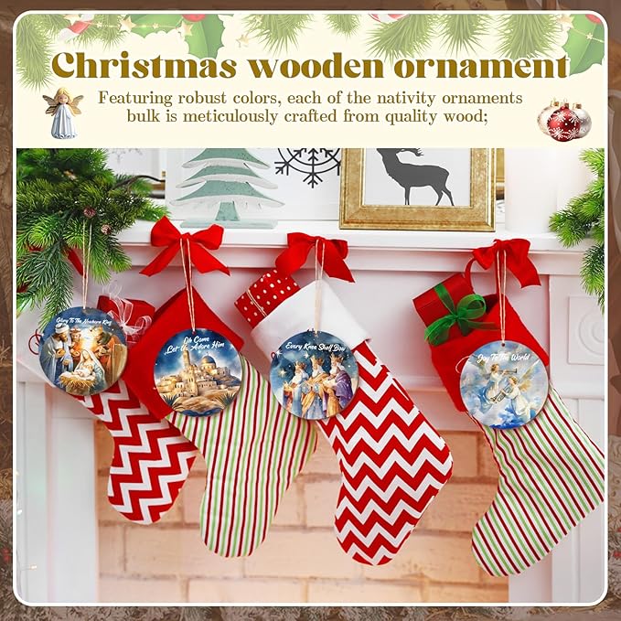 Soaoo 60 Pcs Nativity Scene Christmas Tree Ornament Christian Religious Ornaments Bulk Round Nativity Xmas Tree Hanging Wooden Decorations for Garden Yard Outdoor Home (Novel Style)