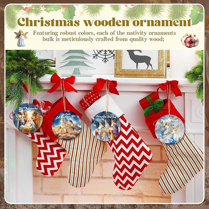 Soaoo 60 Pcs Nativity Scene Christmas Tree Ornament Christian Religious Ornaments Bulk Round Nativity Xmas Tree Hanging Wooden Decorations for Garden Yard Outdoor Home (Novel Style)