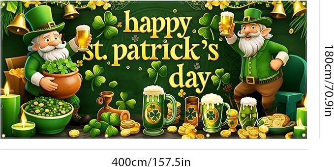 St Patrick’s Day Garage Door Banner 157.5x70.9in Large Garage Door Cover Outdoor Shamrock Leprechaun Decorations for House Exterior Party Decor with Grommets Rope