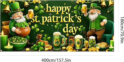 St Patrick’s Day Garage Door Banner 157.5x70.9in Large Garage Door Cover Outdoor Shamrock Leprechaun Decorations for House Exterior Party Decor with Grommets Rope