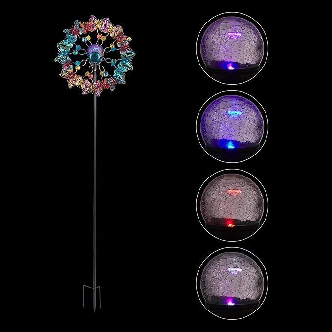 Alpine Corporation 60" Tall Outdoor Solar Metal Butterfly Wind Spinners with Color Changing LED Lights, Garden Decor, Multicolor