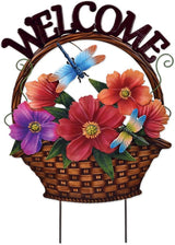 Sunset Vista Design Garden Stakes - Metal Welcome Sign with Stake For Yard Lawn or Patio, 21.5-Inch, Wildflowers & Dragonfly's