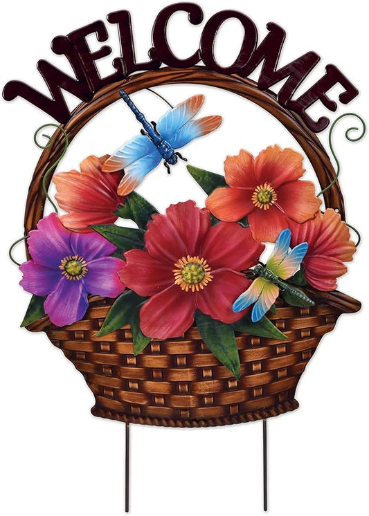 Sunset Vista Design Garden Stakes - Metal Welcome Sign with Stake For Yard Lawn or Patio, 21.5-Inch, Wildflowers & Dragonfly's