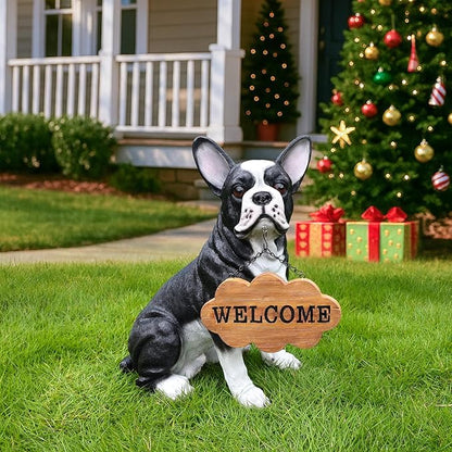 Cheerful Black & White Boston Terrier Dog Sculpture with Solar Lantern & Double-Sided 'On Patrol' and 'Welcome' Signposts – Fun Outdoor Resin Statue for Garden, Yard, and Patio Décor