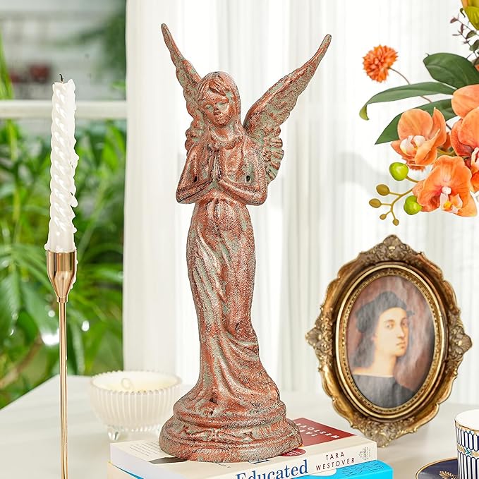Sungmor Vintage Cast Iron Angel Statue - Rustic Decorative Figurine for Garden, Shelf or Mantel - 14.5" Tall Heavy Duty Patina Finish, Indoor/Outdoot Angel Sculpture