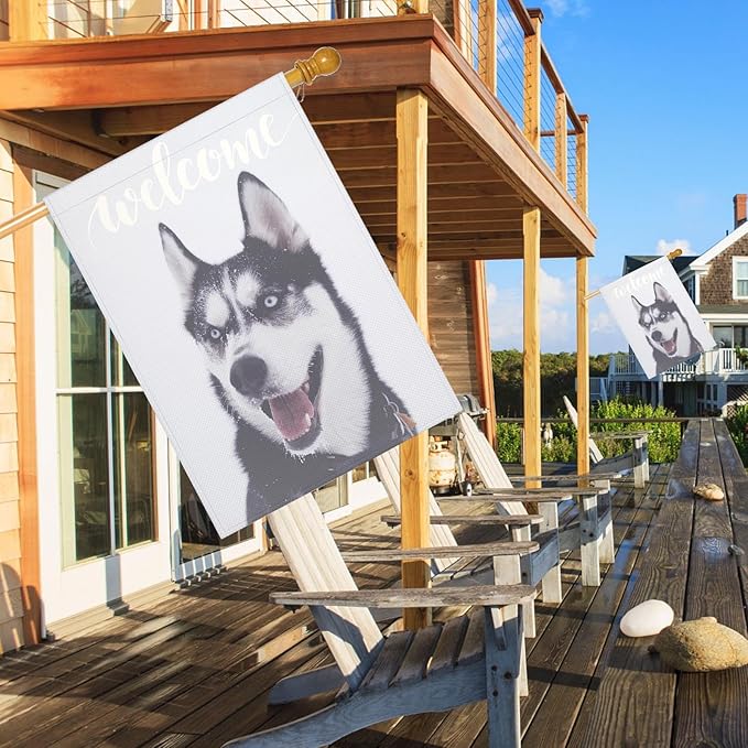 Mugod Siberian Husky House Flag 28x40 Inch Double Sided Burlap, Welcome Dog Large Yard Flag for Outdoor Farmhouse Seasonal Decoration