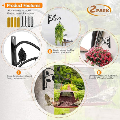 Hanging Plant Bracket, 12 Inch Wall Mount Hanging Plant Hook, Rust-Resistant Decorative Metal Plant Hanger for Flowers, Lanterns, Bird Feeders, Wind Chimes