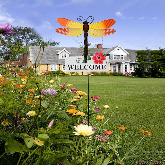 Garden Decor Metal Welcome Yard Stakes Spring Lawn Art Patio Decorative Plant Stake for Flower Pot Pathway Porch Backyard Indoor Outdoor Decoration (Dragonfly)