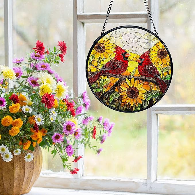 Sunflower Cardinal Suncatchers Stained Glass Window Hanging, Cardinal Gifts for Women, Sunflower Sun Catchers Indoor Window Glass Round Wall Decor, Flower Wall Hanging Decorations, 7.9x7.9in