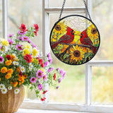 Sunflower Cardinal Suncatchers Stained Glass Window Hanging, Cardinal Gifts for Women, Sunflower Sun Catchers Indoor Window Glass Round Wall Decor, Flower Wall Hanging Decorations, 7.9x7.9in