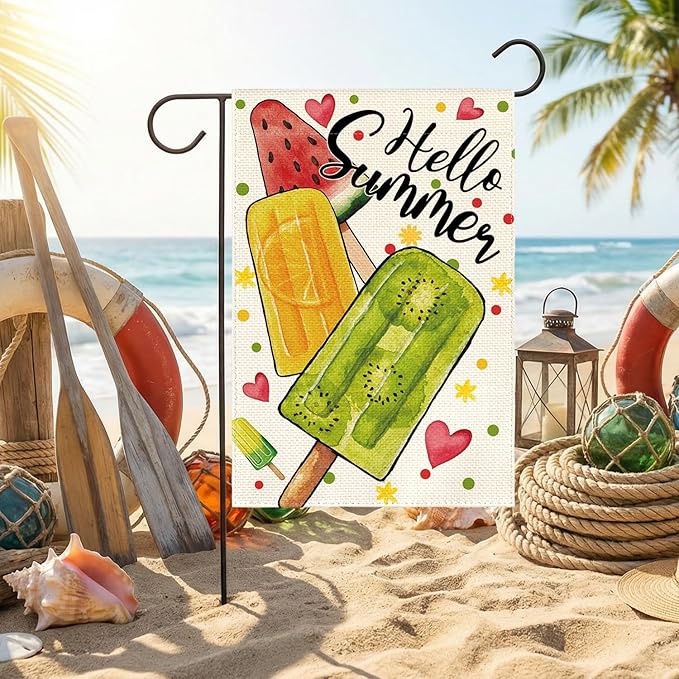 AVOIN colorlife Hello Summer Popsicles Garden Flag 12x18 Inch Double Sided Outside, Welcome Seasonal Burlap Yard Outdoor Decoration