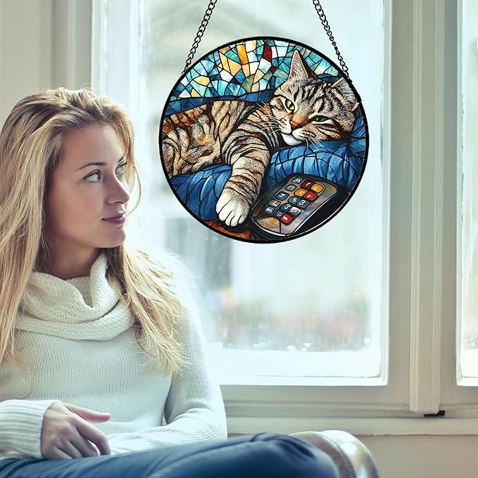 DASTOLL Stained Glass Window Hanging Gray Cat and Remote Control 7.8" - Suncatcher Door Garden Kitchen Sun Catcher Home Decor Birthday for Lost Pets Mom Men Woman Friend Grandma