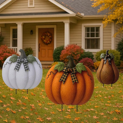 3 Pcs Thanksgiving Metal Stacked Pumpkin Garden Stakes Outdoor 3D Retro Pumpkin Decoration Fall Yard Stakes Lawn Signs Decorative for Autumn Harvest Holiday Pathway Patio Decor