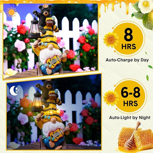 Gerrii Bee Gnome Solar Statue with LED Lantern Spring Garden Outdoor Resin Figurine Gifts for Women Mom Weatherproof Stacked Bear Bee Gnome Light Ornament for Porch Patio Lawn Entryway Welcome