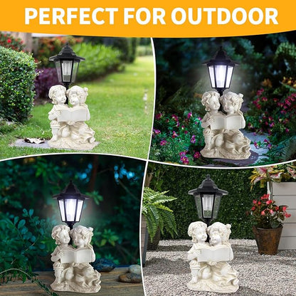 Garden Boy&Girl Decor Outdoor, Outdoor Statues with Solar Powered Lantern for Outside Patio Yard Backyard Gifts for Mother's Day Birthday Housewarming