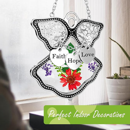 KY&BOSAM Angel Suncatcher Faith Hope Love Stained Glass Suncatchers for Windows Hangings Wind Chimes with Pressed Real Flowers and Heart Charm Engraved Birthday Gifts for Mom Mothers Day Christmas