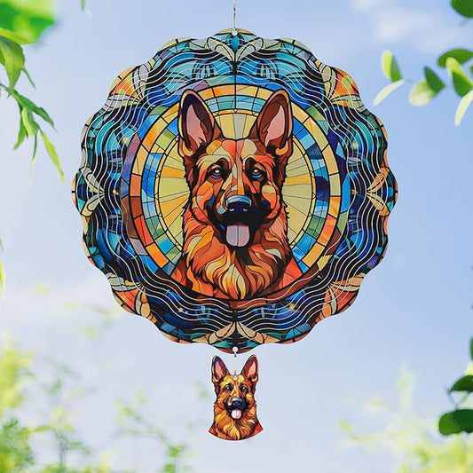 German Shepherd Wind Spinners Outdoor - 3D Cute Dog for Women, Wind Spinner for Yard Patio Ornament Garden Decor, 12 Inch Hanging Kinetic Metal Wind Spinners Sculpture