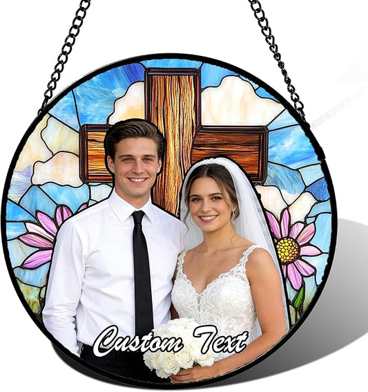 Personalized Custom Photo Faux Stained Glass Window Hanging - Wedding Customized Memorial Ornaments Suncatchers Christmas Anniversary Mother's Day for Lovers Women Men Dad Mom Nana Grandma