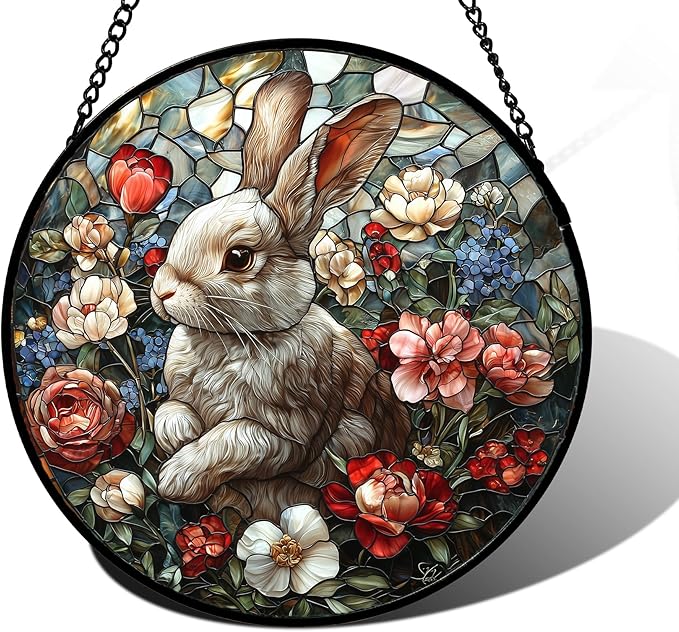 DASTOLL Stained Glass Window Hanging - Cute Rabbit Flowers Suncatcher Ready to Hang Window Doors Home Decoration, Christmas, Mother's Day Birthday Gifts for Women, Men, and Mom11.8x11.8 in