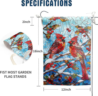 Winter Cardinal Bird Garden Flag for Outside 12x18 Stained Glass Red Birds on Snow Pine Tree Flag Christmas Outdoor Flags Double Sided Welcome New Years Yard Flag