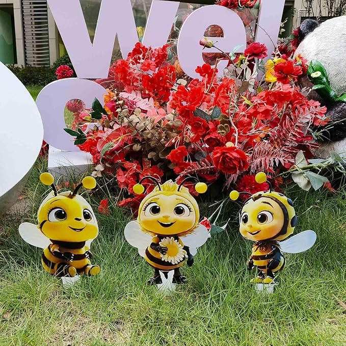 Bee Garden Stakes Decor – Metal Outdoor Yard Art, Rustproof Lawn Ornaments for Garden Patio Flower Bed, Hand-Painted 2D Bee Set of 3