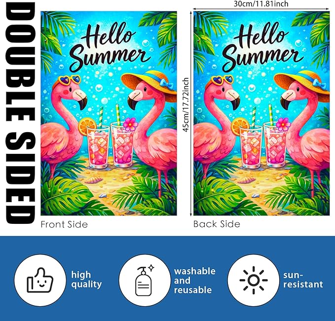 Nuxovilar Summer Garden Flag Hello Summer Flamingo Drink Tropical Pattern Polyester 12x18 Inches Garden Flags for Outside Seasonal Decor Yard Porch Lawn