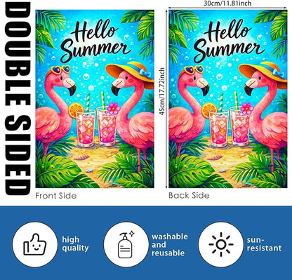 Nuxovilar Summer Garden Flag Hello Summer Flamingo Drink Tropical Pattern Polyester 12x18 Inches Garden Flags for Outside Seasonal Decor Yard Porch Lawn