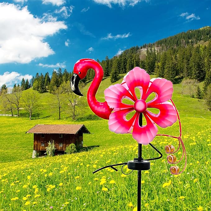 Solar Wind Spinner with Metal Sculpture Garden Stake Flamingo Decor Multi-Color LED Lights for Outdoor Yard Lawn & Garden Decoration
