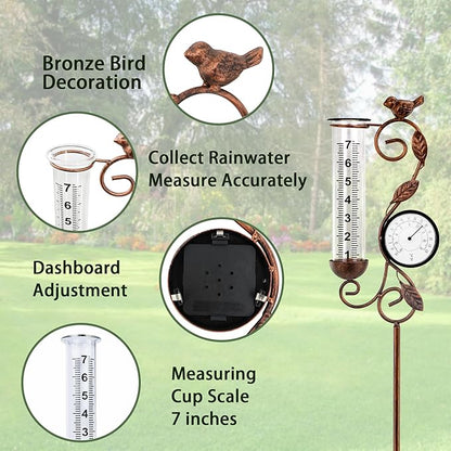 32" Garden Rain Gauge with Thermometer - 7" Glass Tube for Outdoor Indoor Use, Patio Yard Decor Statue