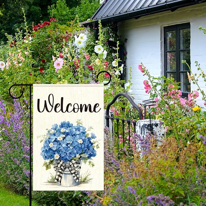 Blue Hydrangeas Spring Garden Flags for Outside,Welcome Spring Yard Flag for Porch Lawn Outside Decor 12x18 Inch Double Sided