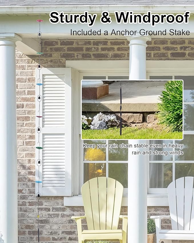 hogardeck 8.5FT Rain Chain for Gutters Outside - 6 Umbrellas and 6 Bells Decorative Metal Rain Catcher with Adapter, Stake for Downspout Replacement, Garden Drainage, Eaves