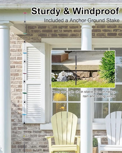 hogardeck 8.5FT Rain Chain for Gutters Outside - 6 Umbrellas and 6 Bells Decorative Metal Rain Catcher with Adapter, Stake for Downspout Replacement, Garden Drainage, Eaves