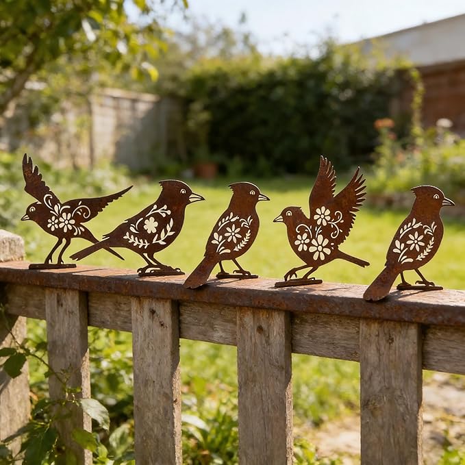 We Moment 5PCS Rusty Metal Birds Decoration, Garden Decor Spring Decorations Outdoor, Cardinal Gifts, Metal Birds Yard Decor, Bird Silhouette Statues