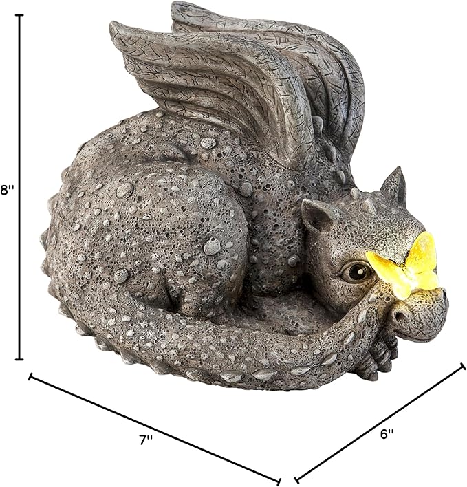 Evergreen Garden Baby Dragon Statue with Butterfly Solar Light | 8x7x6 Inches | Solar Dragon Garden Statues and Figurines Outdoor Indoor Decorations for Home