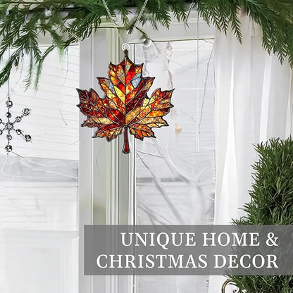 Maple Leaf Suncatcher, Faux Stained Glass Fall Suncatchers for Windows Hanging, Thanksgiving, 2D Acrylic Maple Leaves Fall Ornaments, Xmas Tree Decorations, Autumn Decor (Maples Leaf)