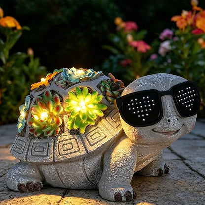 Unique Solar Garden Turtle Statue with I Love You LED Sunglasses and Succulent LED Lights, Lawn Decor Tortoise Figurine for Patio, Balcony Yard Ornament for Mom, Women & Grandma