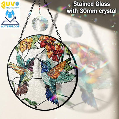 6" Hummingbirds Stained Glass Suncatchers Art Glass Birds for Sun Catcher Indoor Window Gifts for Pet Animal Nature Floral Lovers Women Grandma Mom Friend Painted Panel Décor BIRD-06B-SG6