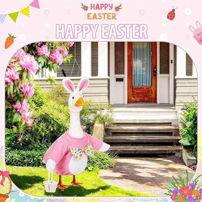 FuWeave Easter Bunny Goose Outfit Easter Egg Porch Goose Costume for Cement Plastic Geese Statue Spring Outdoor Garden Yard Patio Decoration(Light Pink,23 Inches,Cute Bunny)