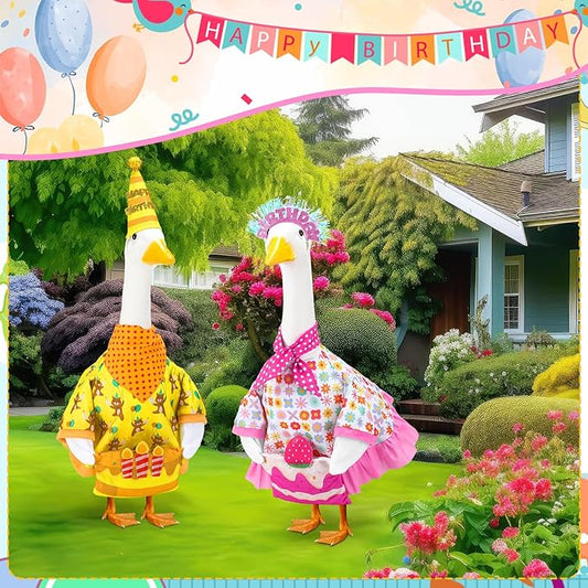 Abbylike 2 Sets Birthday Porch Goose Outfits Birthday Yard Geese Duck Clothes Costume Fits Large 23'' Cement for Outdoor Spring Summer Garden Patio Lawn Statue Pathway Art Decorations