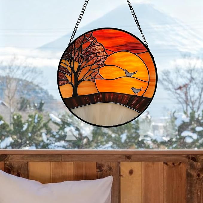 Stained Glass Window Hanging Orange Sunset Landscape 7.8" - Maple Suncatcher Door Garden Sun Catcher Home Decor Birthday Christmas for Mom Men Woman Wife Friend